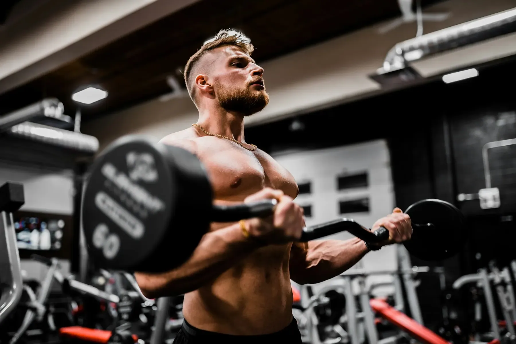 Atleta entrenando bíceps con mancuerna en gimnasio, sesión de fuerza terapéutica